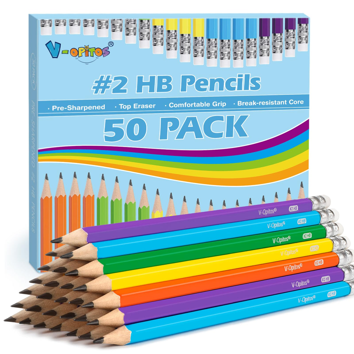V-Opitos Wood-Cased #2 HB Pencils, 50 Pack Bulk Yellow Pencils with Erasers, Pre-Sharpened, School Classroom Teacher Supplies for Writing, Drawing and Sketching