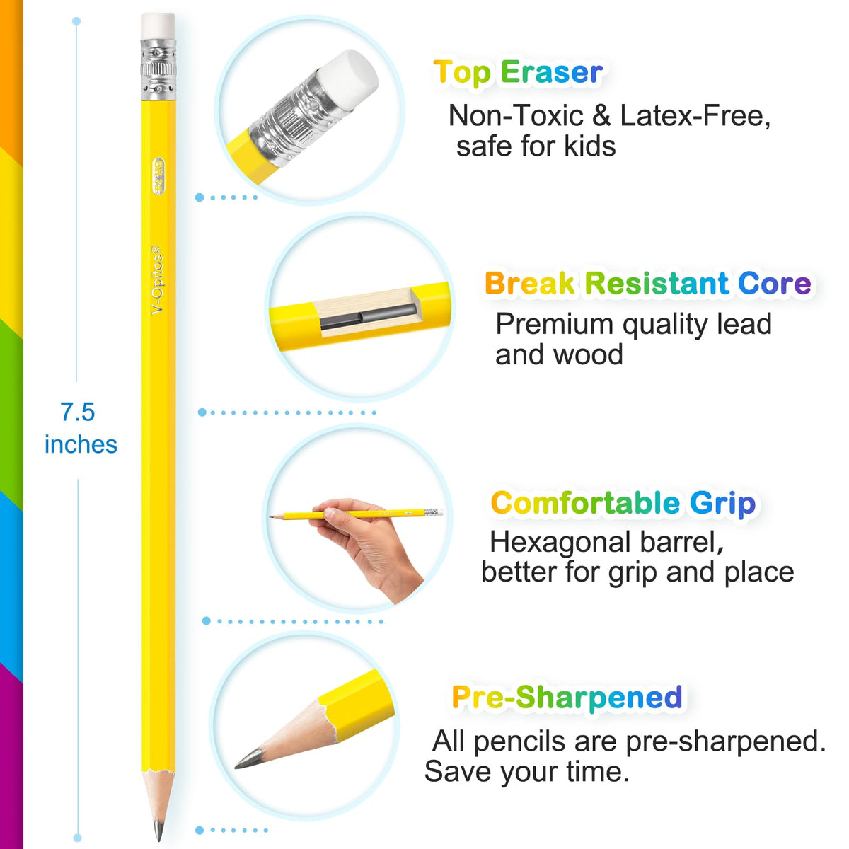 V-Opitos Wood-Cased #2 HB Pencils, 50 Pack Bulk Yellow Pencils with Erasers, Pre-Sharpened, School Classroom Teacher Supplies for Writing, Drawing and Sketching