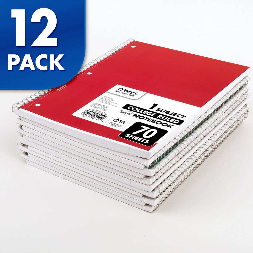 Mead Spiral Notebook, 1 Subject, College Ruled Paper, 7-1/2" x 10-1/2", 70 Sheets per Notebook, Colors Will Vary, 6 Pack (73065)