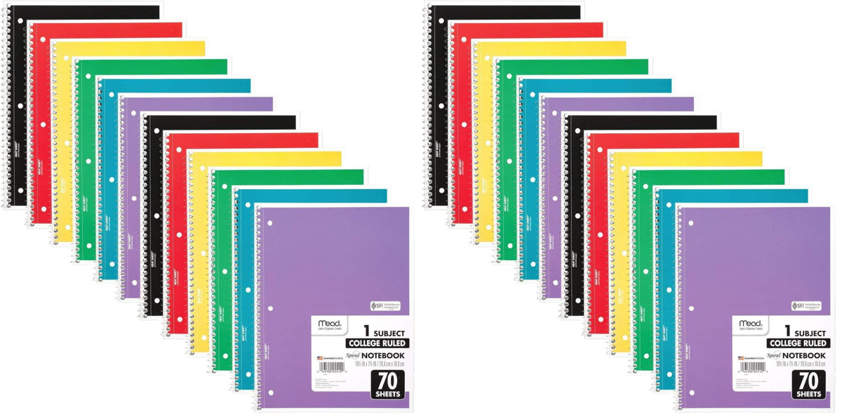 Mead Spiral Notebook, 1 Subject, College Ruled Paper, 7-1/2" x 10-1/2", 70 Sheets per Notebook, Colors Will Vary, 6 Pack (73065)