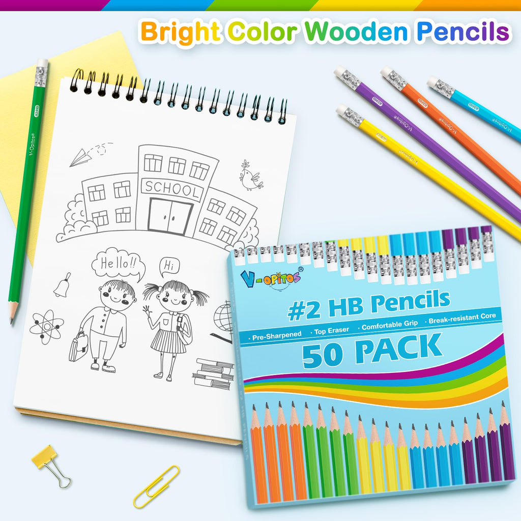V-Opitos Wood-Cased #2 HB Pencils, 50 Pack Bulk Yellow Pencils with Erasers, Pre-Sharpened, School Classroom Teacher Supplies for Writing, Drawing and Sketching