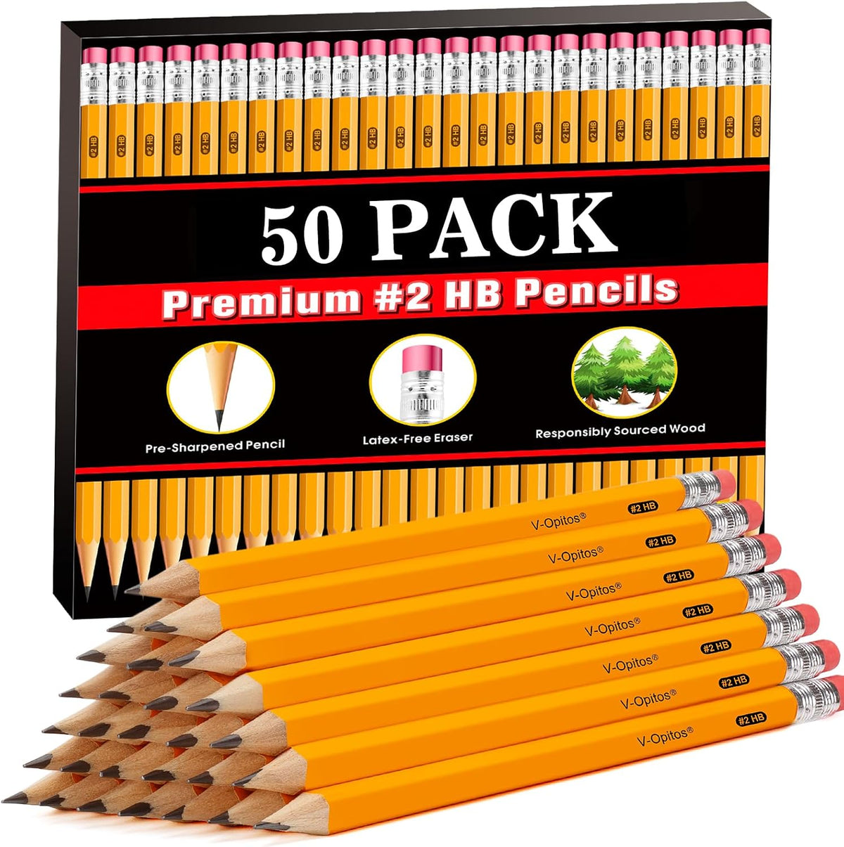 V-Opitos Wood-Cased #2 HB Pencils, 50 Pack Bulk Yellow Pencils with Erasers, Pre-Sharpened, School Classroom Teacher Supplies for Writing, Drawing and Sketching