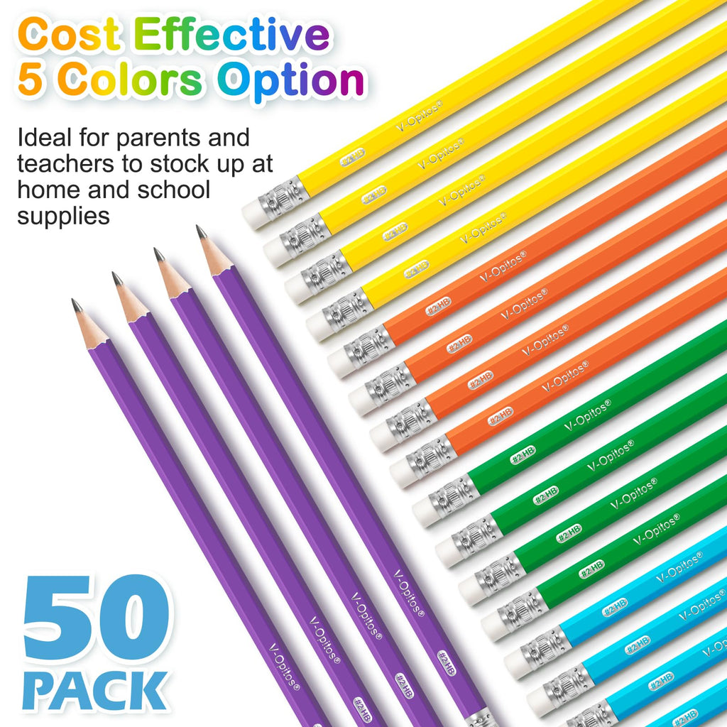 V-Opitos Wood-Cased #2 HB Pencils, 50 Pack Bulk Yellow Pencils with Erasers, Pre-Sharpened, School Classroom Teacher Supplies for Writing, Drawing and Sketching